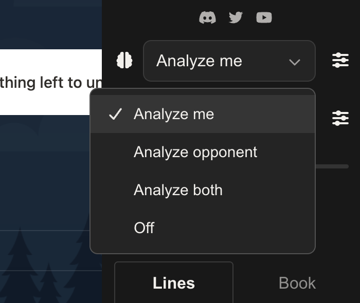 The Analysis dropdown showing Analyze me, opponent, both, and Off