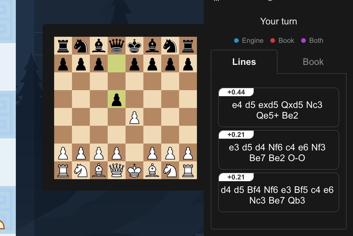 Hovering a move in a line shows a board preview popover