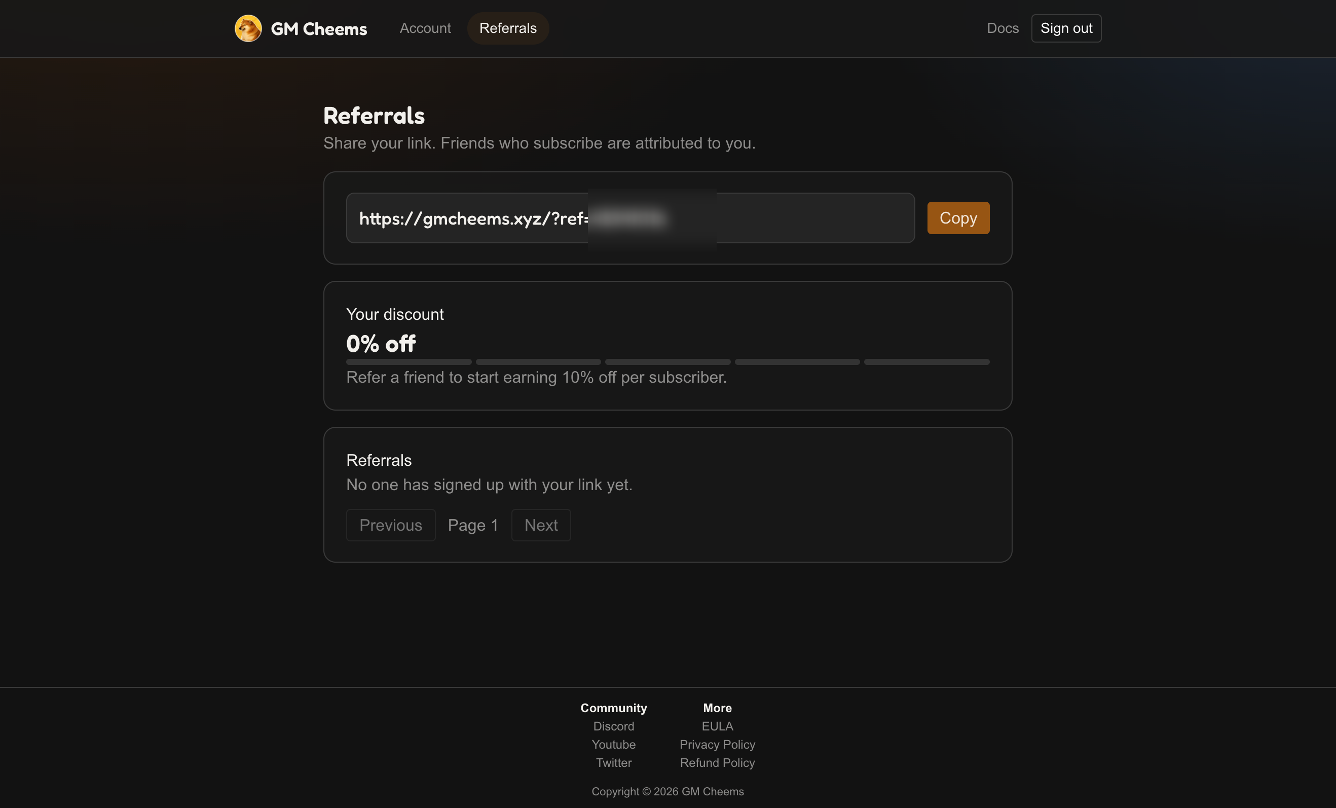 The referrals page with the invite link and discount progress
